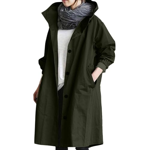 Trench Coat Women Lightweight Drawstring Hooded Windbreaker Jackets Casual Loose Button Down Long Sleeve Overcoat