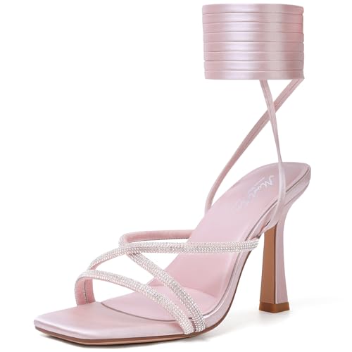 Image of Mostrin Womens Sandals Strappy Heels for Women Lace Up Square Open Toe Heels Tie Up High Heeled Sandals for Prom, Party, Daily Wear
