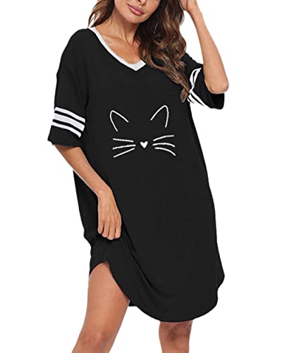 KAMONG Sleep Shirts for Women Short Sleeve Cotton Novelty Night Shirts V Neck Oversized Nightgowns Cute Printed Nightdress, Black Cat, Small