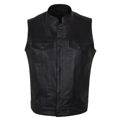 Image of Men's SOA Black Leather Motorcycle Vest with CCW Pocket, Premium Biker Club Vest with Zipper and Snap Front Closure