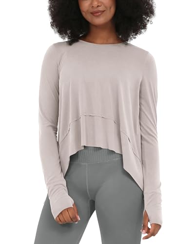 Image of ODODOS Soft Modal Long Sleeve Crop Top for Women with Thumb Hole Athletic Gym Workout Cropped Yoga Shirts