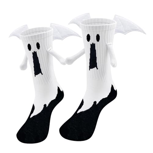 BelleFlair Halloween Socks Funny Novelty Ghost/Bat Socks With Magnetic Holding Hands Unique 3D Design Spooky Horror Family Matching Halloween Gifts For Women And Men. (White)