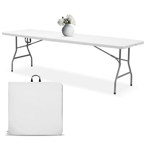 EconoHome White 8ft Folding Table with Handle | Heavy-Duty Foldable Table | Portable Table for...