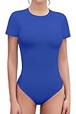 SHEIUGU Women's Crew Neck Short Sleeve Slim Fit T Shirts tops Basic Bodysuit Leotard Clothing(Short Sleeve Royal Blue,X-Large)