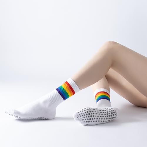 Image of Verdancy Yoga Pilates Socks with Grips for Women Striped Cushioned Non Slip Crew Socks for Barre Ballet Dance