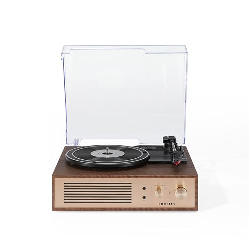 Crosley Miles - Tocadiscos de Vinilo con Altavoces, Tocadiscos Bluetooth de 3 velocidades, Altavoces estéreo Integrados, Salida Auxiliar, Elegante diseño de Madera y Oro, Reproduce Discos de 33/45/78