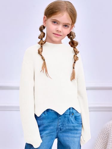 Image of Haloumoning Girls Mock Neck Sweaters Kids Fall Fashion Long Batwing Sleeve Rib Knit Pullover Clothes 5-14 Years White