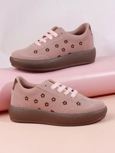 Image of TRYME Floral Platform Sneakers for Women | Lightweight Lace-Up Casual Shoes for College, Travel