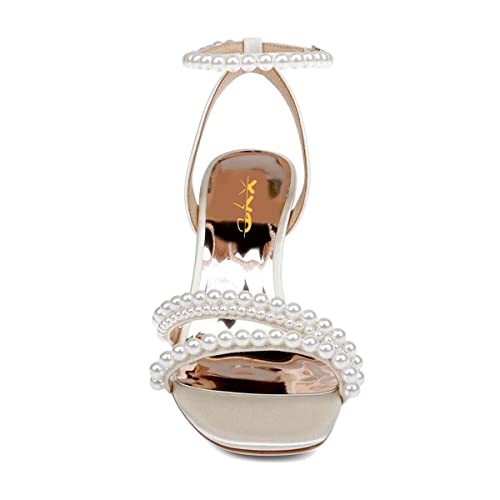 XYD Women's Pearl Kitten Heel Open Toe Sandals Silk Satin Rhinestone Dress Prom Wedding Shoes 5