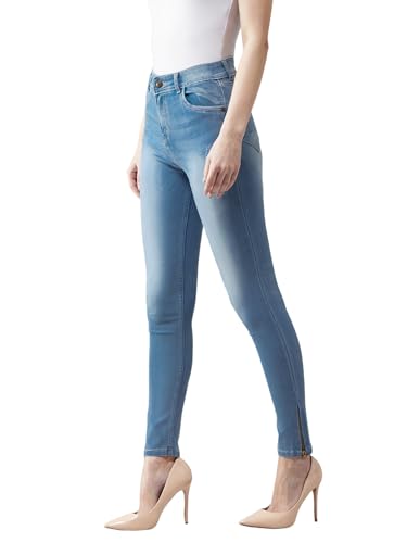 Image of Miss Chase Women's Skinny High Rise Cropped Fringe Hem Detailing Stretchable Denim Jeans, Chlorine Blue, 6