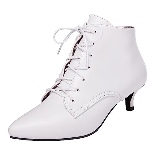 Bellirala Women's Kitten Heels Ankle Booties Pointed Toe Lace Up Low Heel Short Boots
