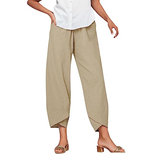 Linen Pants Women Dressy Casual Cotton Linen Casual Summer Capri Pants Printed Cropped Comfy Baggy Trousers with Pockets Palazzo Lounge Pants Trendy 2025 Pajamas Tall Long Straight Leg Vacation