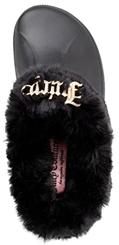 Juicy Couture Womens Fur Lined Clogs Indoor Outdoor Mules Jc Warm And Fuzzy Shoes With Stylish Crown Emblem -Cora Black-7 #TOP4