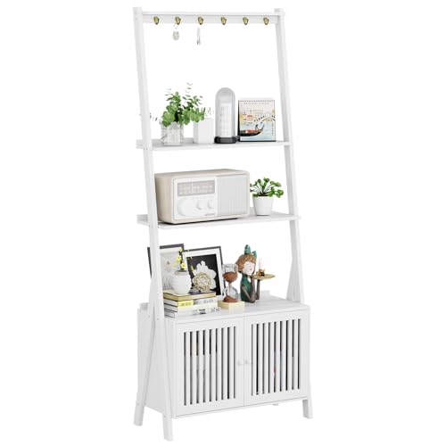 Image of Bookcase with Drawers, 4-Tier Bamboo Bookshelf Ladder Shelf with 6 Hooks, 59.5 inchH x 24.8 inchL x 10.6 inchW, Tall Narrow Freestanding Standing Storage Organizer for Living Room, Office, Bedroom, White