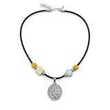 FERALIAH Gargantilla choker con Medalla de San Benito en acero inox 304 – Cordón de seda satinada premium – Perlas, cubos cerámica – Terminales en plata 925 – 40cm long.max (negro)