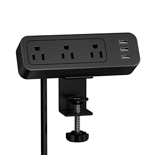 Desk Power Strip JSVER Desk Clamp Power Strip, Desk Mount USB Charging Power Station, Desk Multi-Outlets, 3 AC Outlets 6.5 ft Extension Cord Desktop Charging Clamp for Home Office Workshop