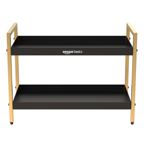 Image of Amazon Basics Modern 2-Tier Metal Organizer Rack for Kitchen, Bathroom, Living Room & Vanity | Black & Gold | Space-Saving Countertop Storage Shelf (20D x 40W x 30H cm)