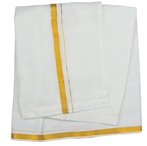 NITHILA CREATIONS Kerala Cotton Kasavu Mundu Dhoti for Boys, Offwhite with Golden Border, Sticky Tape Mundu (Offwhite)