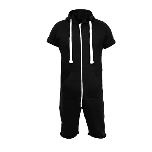 NOROZE Herren Lässig Vlies Reißverschluss Kapuzenpullover Einteiliger Overall Kordelzug Spielanzug Flügelärmel Jumpsuit mit Taschen Fitness Kombination (M, Schwarz)