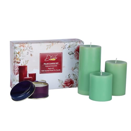 Image of D'Velas Pack of 3 Unscented Green Pillar Candles | Burn Time 50 /65 /80 Hours | Bonus 3oz Scented Travel Tin | Long-Lasting Paraffin Wax Candles for Home Decor, Festive Use & Events