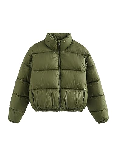 Sukany Women's Casual Zip Up Puffer Jacket Loose Stylish Stand Collar Long Sleeved Short Padded Down Jacket Coats (Army Green,S)