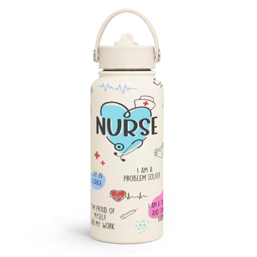 Nurse Water Bottle 32oz Stainless Steel Insulated with Lid, Nurse Gifts for Female Nurses, Medical Staff Inspiration Gifts for Nursing Students, Graduation Christmas Birthday Nurse Week