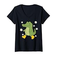 Womens Cute Crocodile in Rain Boots V-Neck T-Shirt