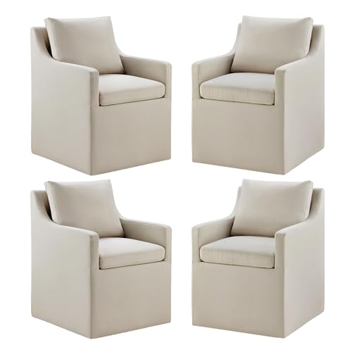 Image of KISLOT Upholstered Dining Chairs with Casters Modern Side Armchair with Rollers for Diningroom Bedroom Livingroom Reading Room, Flax Beige, 4 Box