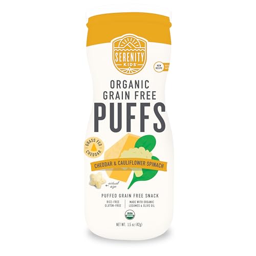 Serenity Kids 6+ Months Baby Puffs - USDA Organic Baby Snacks - Grain Free Toddler Snack - Gluten Free Infant Food - Pack of 6 1.5 Oz White Cheddar & Cauliflower Spinach