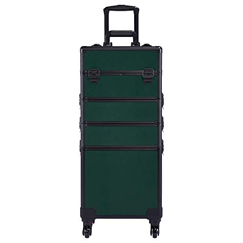 Topeakmart 4 in 1 Aluminum Cosmetic Case Professional Makeup Train Case Rolling Cosmetic Storage Organizer Trolley Makeup Travel Case, Large Compartment Dark Green