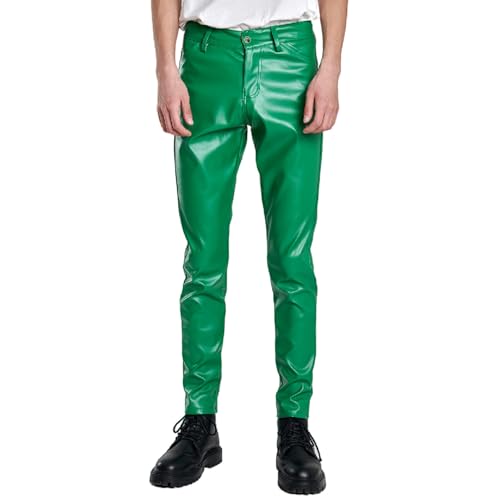 Men's Shiny Wet Look Faux Leather PU Pants Stretch Slim Fit Straight Leg Trousers Dance Party Vintage