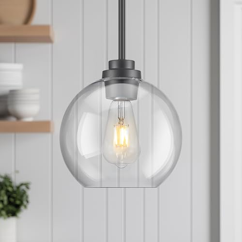 Image of 2 Pack Pendant Lights Kitchen Island, 8 inch Black Pendant Light Fixtures with Globe Clear Glass Shade, Modern Kitchen Island Lighting for Bathroom, AD-22280-2PL-BK
