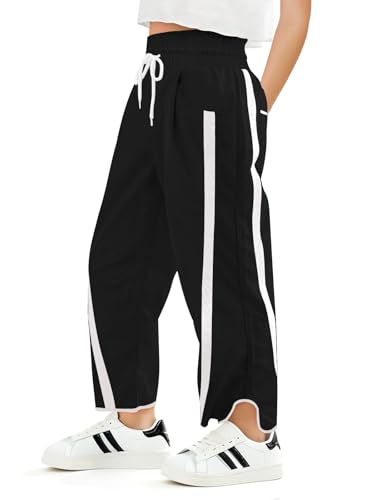 Haloumoning Girls Baggy Wide Leg Pants Kids Striped Elastic Waist Parachute Track Pants with Pockets 5-14 Years Black