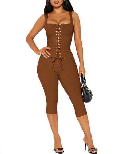 Image of 2 Piece Sets for Women Sexy Ribbed Crop Tops High Waist Bodycon Capri Pants Womens Summer Outfits Clubwear