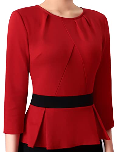 Vfshow E532A Womens Red Black Colorblock Pleated Crew Neck Peplum Slim Wear To Work Business Office Bodycon Pencil Sheath Dress 6532 Red Xl thumb #2