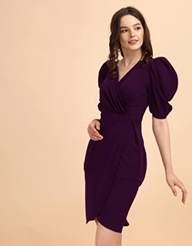 Image of Sheetal Associates Women's Puff Sleeve V-Neck Bodycon Casual Mini Dress