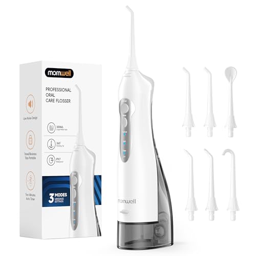 Fio dental sem fio Mornwell para dentes – Tanque de 300 ml e 4 pontas de jato, Irrigador oral dental portátil de 3 modos, cuidados com cintas, irrigador bucal portátil recarregável (Branco)