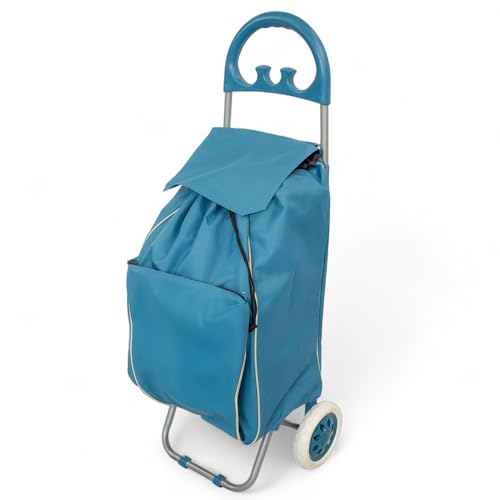 Pincho Carrito Compra Azul 40L Ruedas Resistentes Bolsa termica con Cierre Cordon Cremallera Bolsillo Trasero Plegable Ligero Estructura Metalica diseño Urbano
