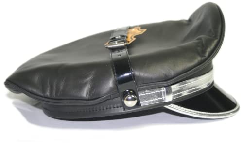 sn Black Genuine Leather Biker Army Gay Silver Trim Peak Silver Strap Muir Cap (Large)