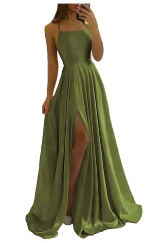 Image of Women Long Formal Dress Solid Satin Spaghetti Straps A Line Evening Cocktail Dresses with Slit