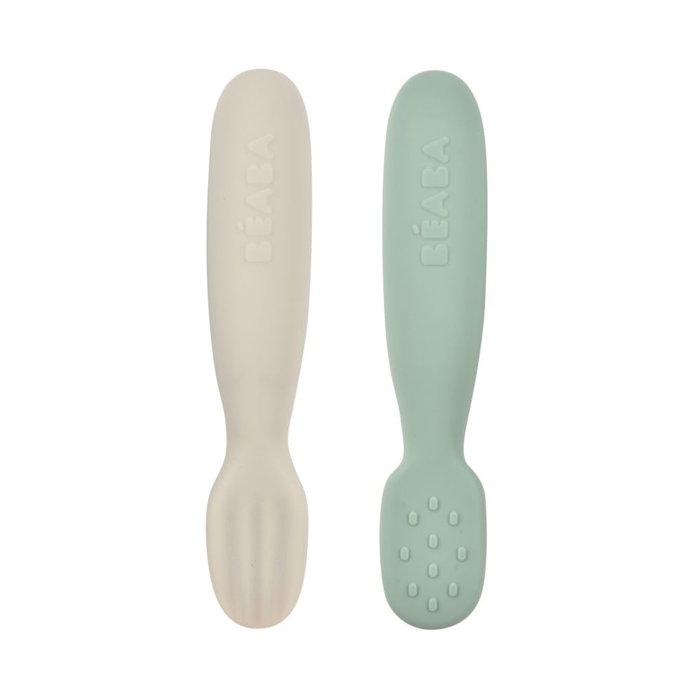 Béaba 1st Stage Silicone Pre-Spoons 2-Piece Set, Sage Green/Velvet GreyBéaba 1st Stage Silicone Pre-Spoons 2-Piece Set, S…