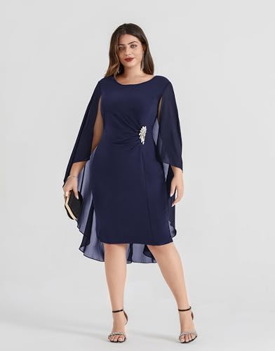 Hanna Nikole Womens Plus Size Chiffon Cape Dress Crew Neck Wedding Guest Dresses Ruched Bodycon Cocktail Pencil Dress3