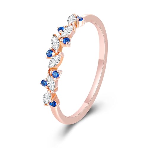 Art Deco Bridal Wedding Band for Women Created Blue Sapphire Cubic Zirconia 925 Sterling Silver Plated White/Rose Gold Half Eternity Birthstone Promise Ring for Her Size 4-9