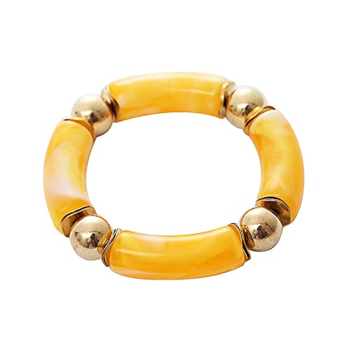 Bamboo Tube Beaded Acrylic Bangle Bracelets Gold Plated Colorful Chunky Curved Tube With Gold Pieces Beads Stretch Bracelet Friendship Summer Beach Jewelry for Women