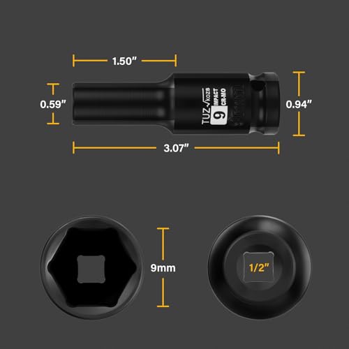 Image of 1 /2 Inch Drive 9mm Deep Metric Impact Socket,CR-MO,6 Point Radius Corner Design,Square Chamfered Opening,Axle Nut Impact Grade Socket for Easy Removal