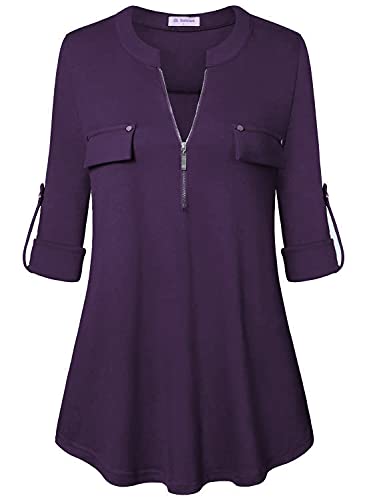 Image of Bulotus 3 /4 Length Sleeve Womens Striped Tops Zipper V Neck Collared Blouses Business Casual Tunics 2026 Spring Trendy