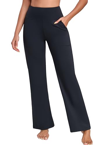 Oalka Women's Wide Leg Pants Hight Waisted Work Casual Yoga Workout Pants with Pockets Petite/Regular/Tall