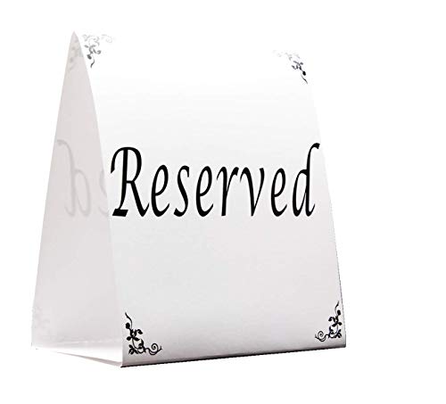 Freestanding Reserved Cards for Wedding Reception Tables, 20 Pk Black and White Design. Double-Sided 5x5.5 Table Tents Are Elegant, Versatile Event Decor for Banquet Hall, Ballroom, Party and Luncheon