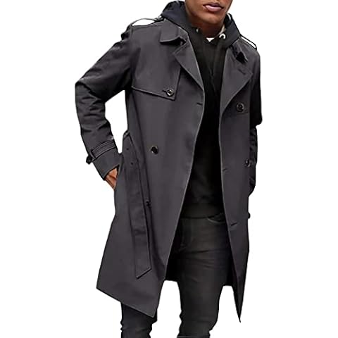 Herren Trenchcoat Slim Fit zweireihig lange Jacke eingekerbter Revers Gürtel Fall Winddichter Mantel Cover