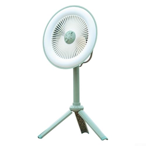 Zilimontt Ventilador LED portátil 3 en 1 con batería recargable de 2400 mAh, ventilador eléctrico más trípode ajustable, iluminación compacta de techo y escritorio de camping para anuncios al aire